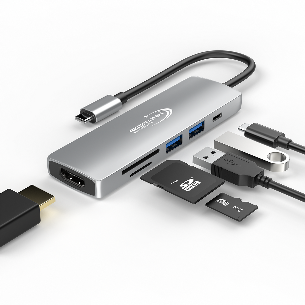 RedStar24 USB C Hub 6-in-1 Adapter in Space Grau – HDMI 4K & USB 3.0 Ports