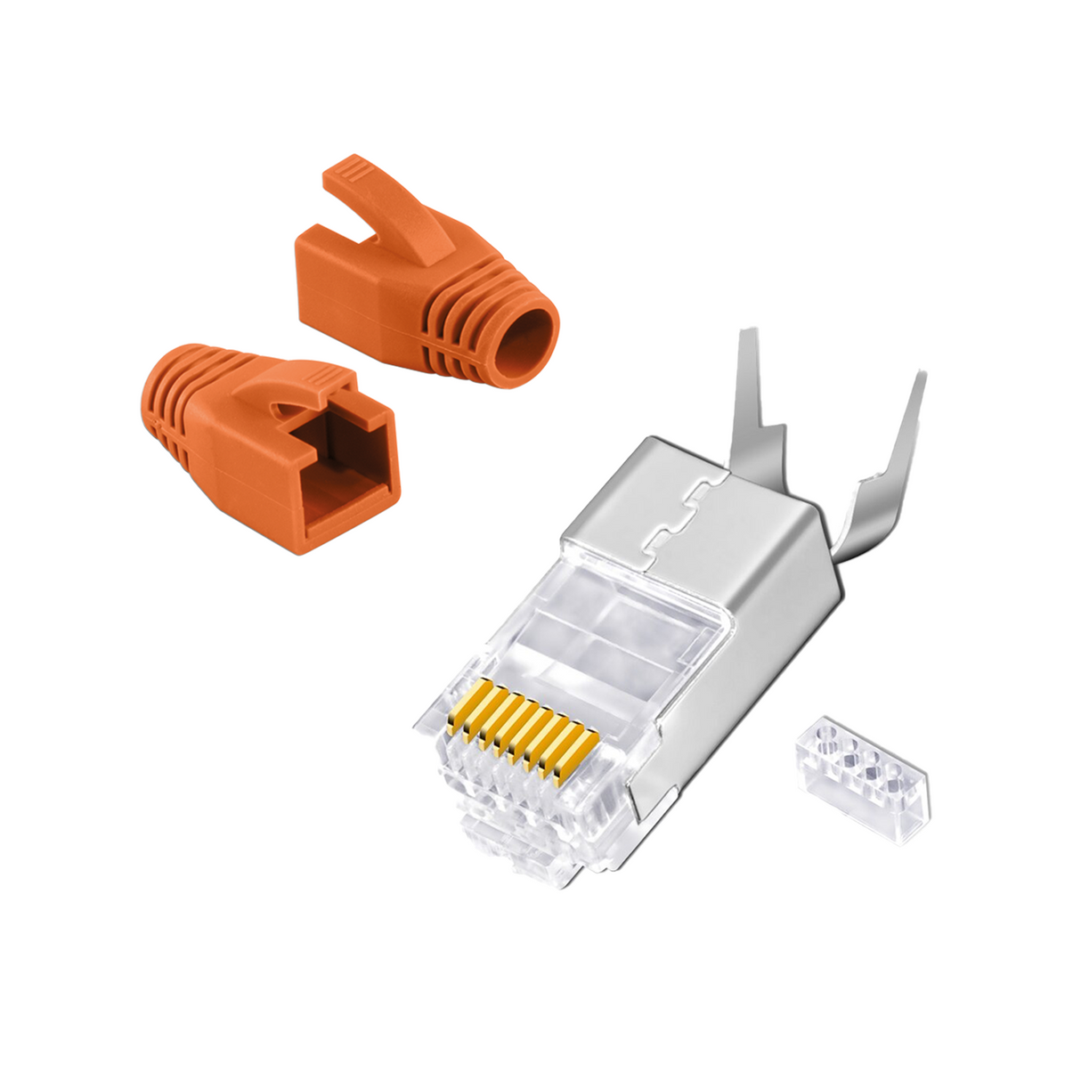 Connecteur RJ45 à sertir Cat.7 / Cat.6A – Argent & Plaqué Or – Kits de 10, 20, 50 avec protection anti-pliage Gris/Orange | RedStar24