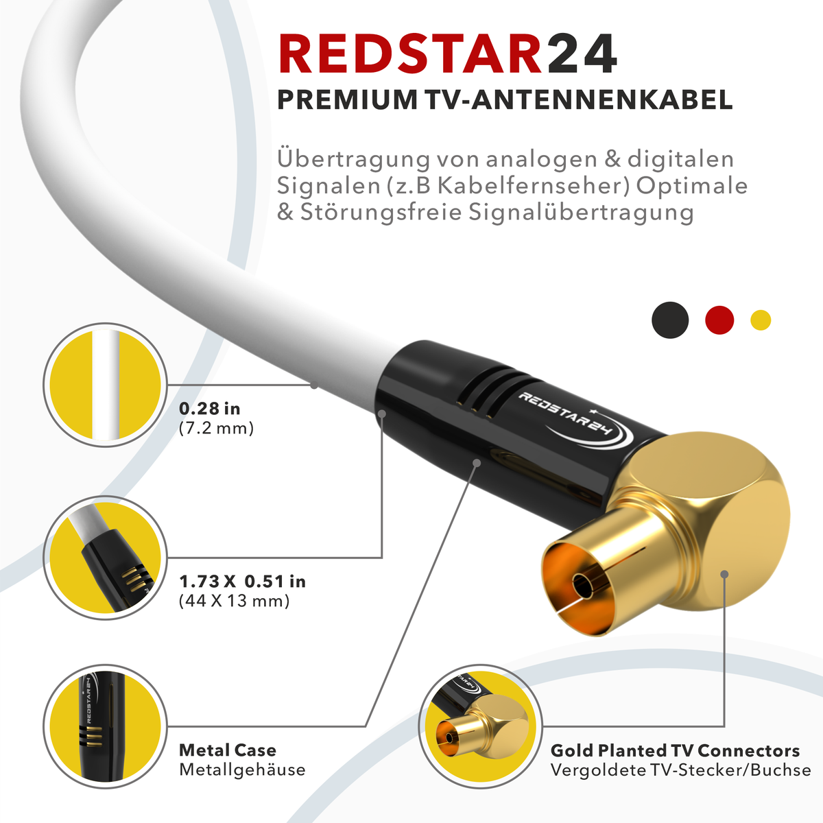 RedStar24 TV antenna cable coaxial 135dB - HDTV, DVB-T2, radio, DAB, 4K UHD