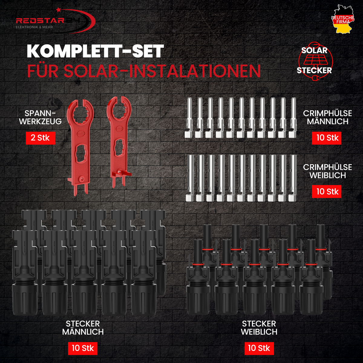 Kit de connecteurs solaires (H/F) pour photovoltaïque – 6/10/12 pièces, 2 tendeurs inclus