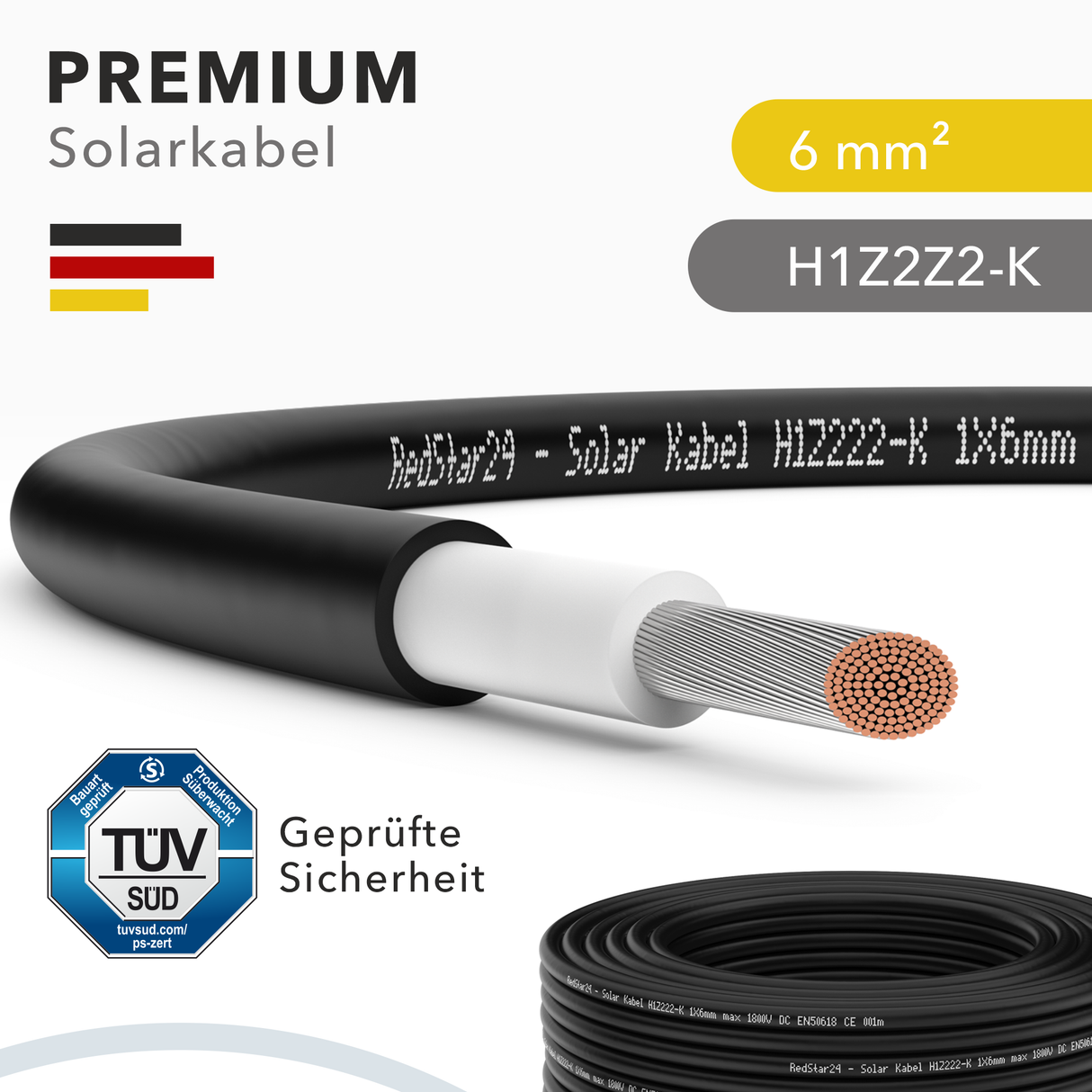 Solarkabel 6mm² TÜV geprüft Solarleitung PV Kabel für Photovoltaik Anlagen Kupfer 5m-100m
