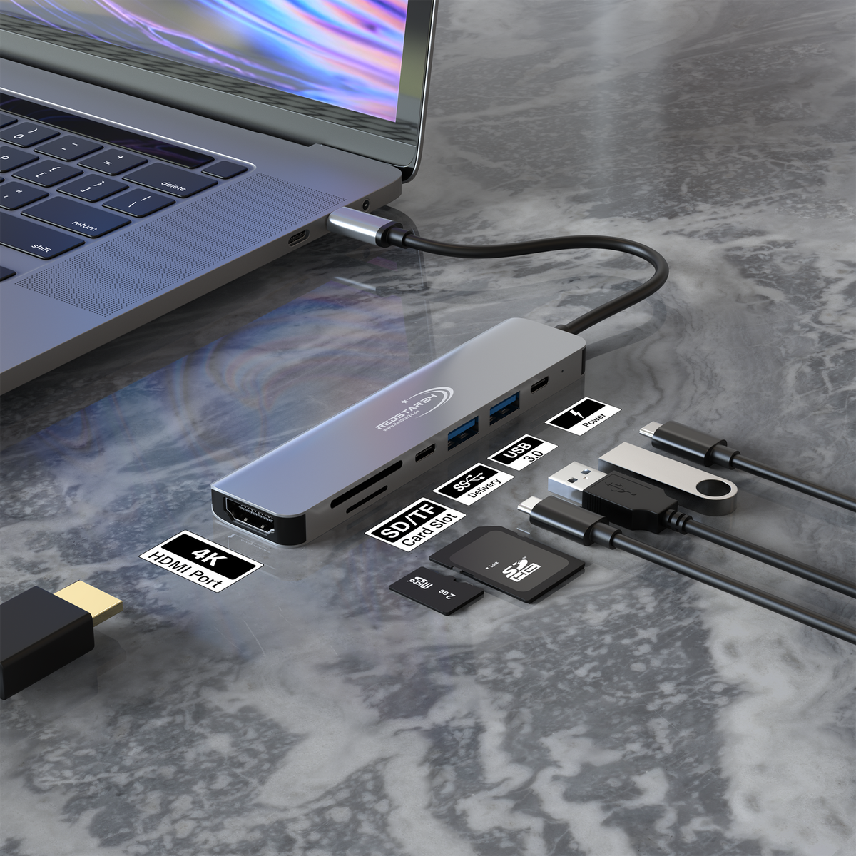 USB C Hub 7-in-1 für MacBook, Laptop &amp; Samsung – RedStar24 Aluminium Adapter