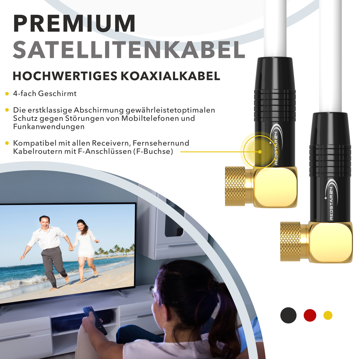 Câble d'antenne satellite RedStar24 135 dB – 2 fiches coudées F 90° – HDTV, DVB-S/S2, DVB-C, Internet par câble, UHD, plaqué or – Noir/Blanc – 1 m à 20 m