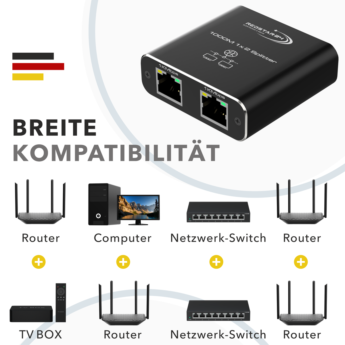 RedStar24 LAN Splitter 1 to 2 – Gigabit Ethernet Splitter 2-Port Network Distributor, Aluminum Housing, Plug &amp; Play