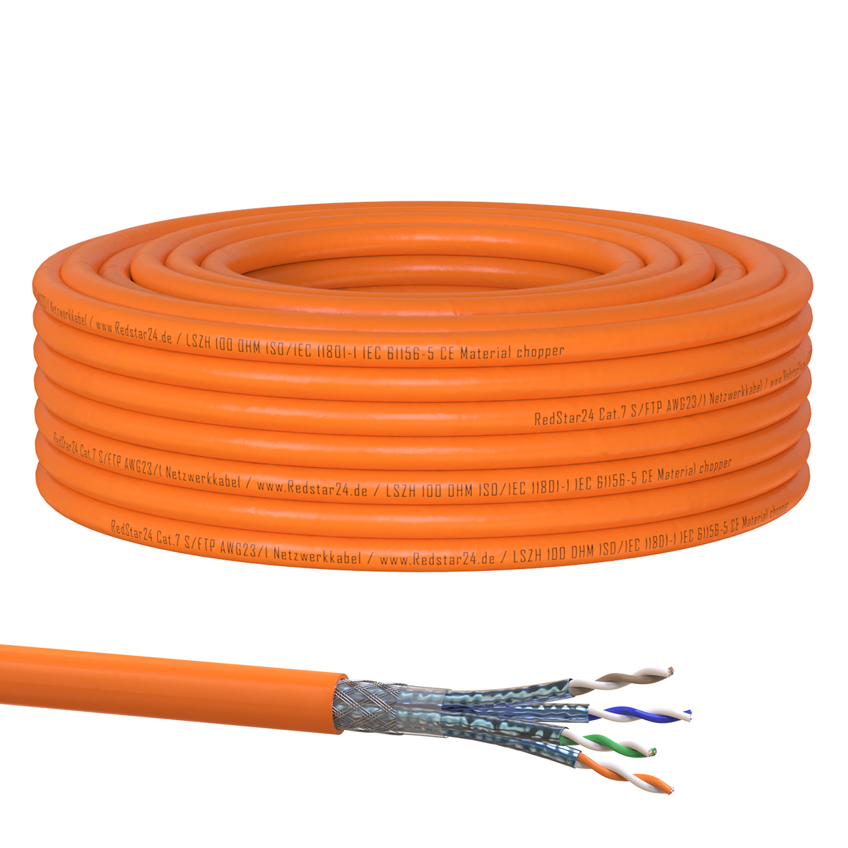 Câble d'installation Cat7 S/FTP 1000 MHz – LSZH Eca, AWG23, PiMF, Orange | RedStar24
