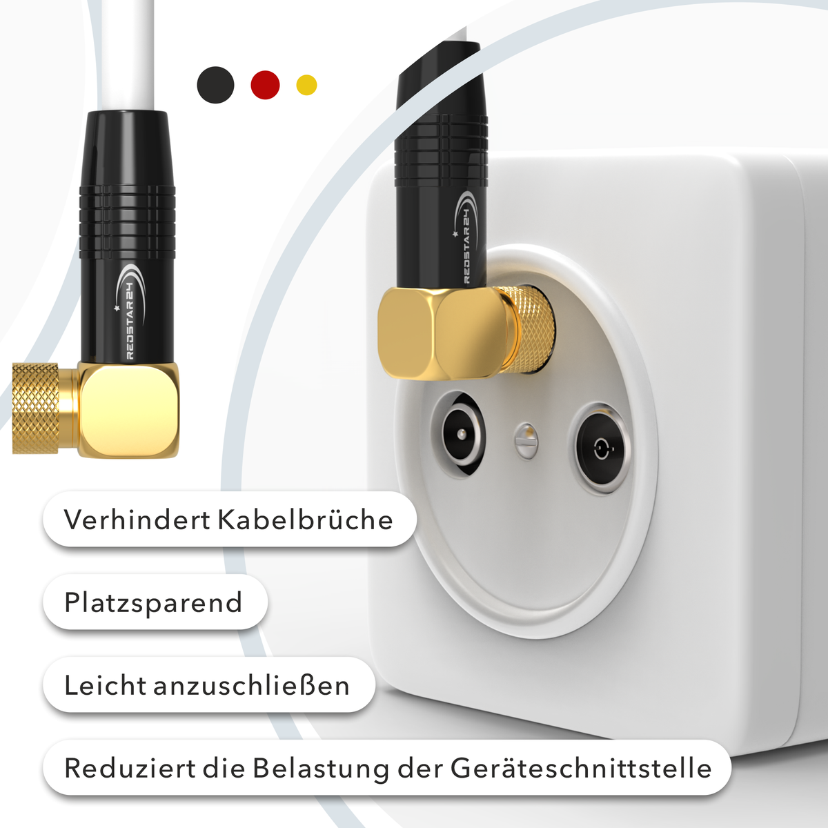 Câble d'antenne satellite RedStar24 135 dB – 2 fiches coudées F 90° – HDTV, DVB-S/S2, DVB-C, Internet par câble, UHD, plaqué or – Noir/Blanc – 1 m à 20 m