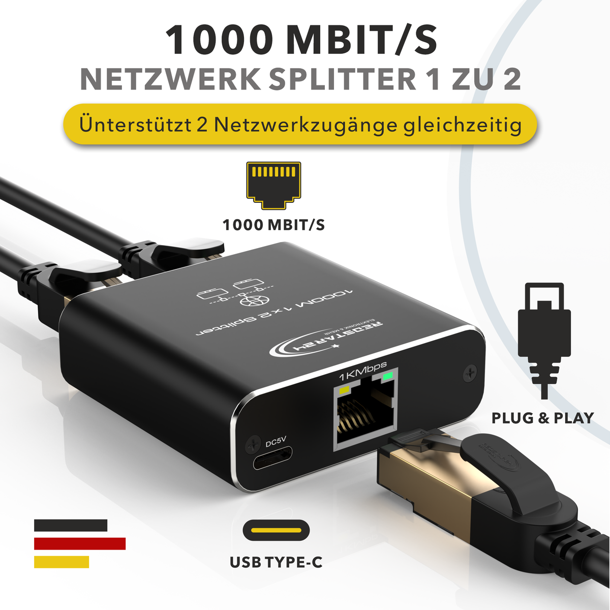 RedStar24 LAN Splitter 1 to 2 – Gigabit Ethernet Splitter 2-Port Network Distributor, Aluminum Housing, Plug &amp; Play