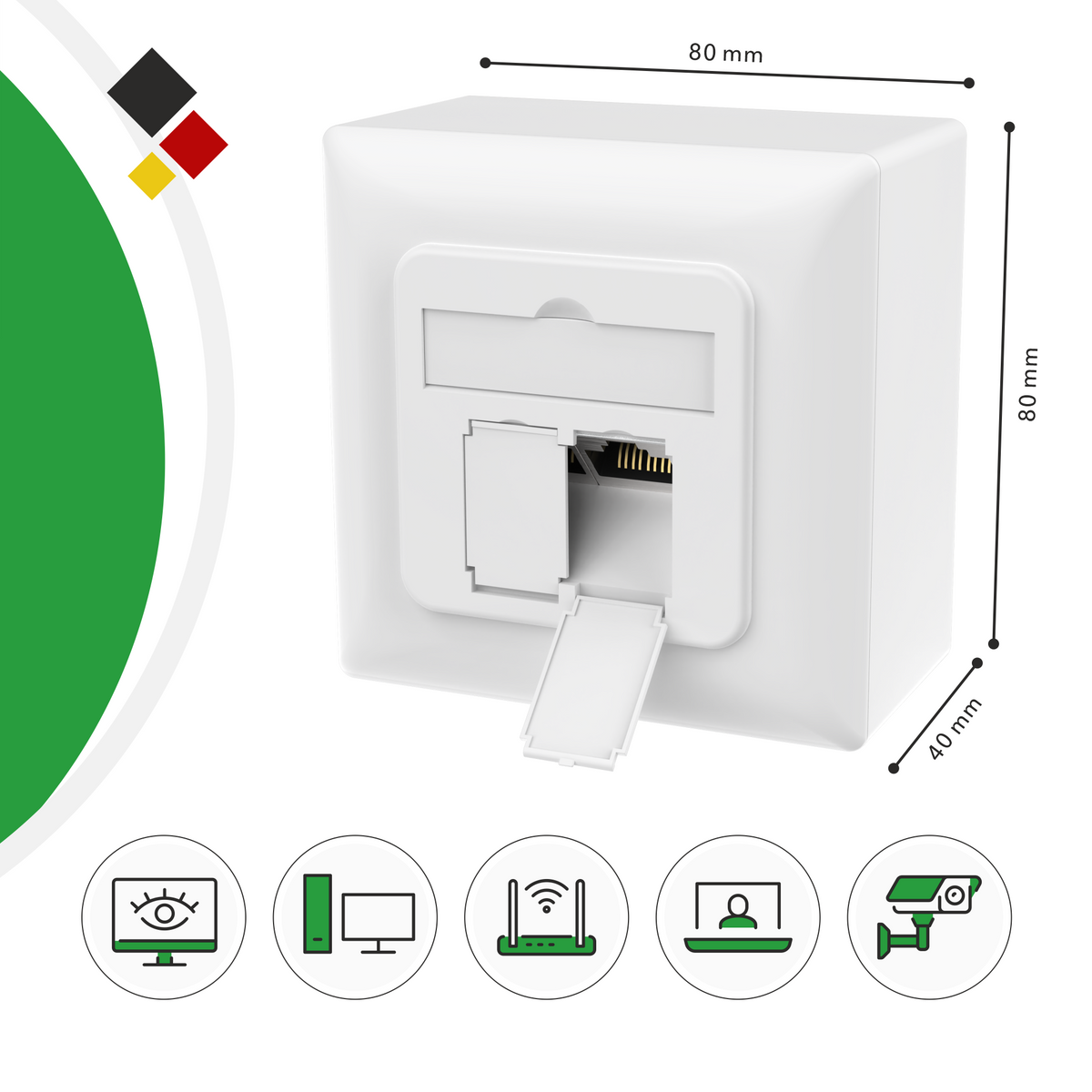 RedStar24 Cat6A network socket – 2x RJ45 ports, shielded – set of 1 / 2 / 4 – LAN socket for surface and flush mounting, 10 Gbit/s, PoE-capable