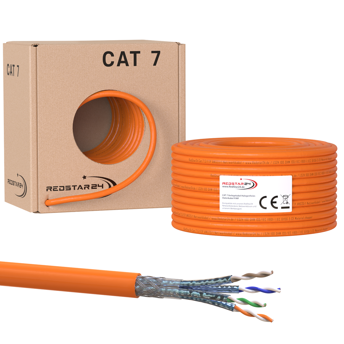 Câble d'installation Cat7 S/FTP 1000 MHz – LSZH Eca, AWG23, PiMF, Orange | RedStar24