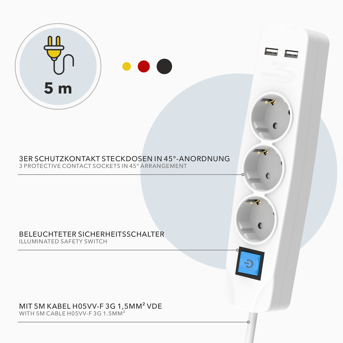 RedStar24 3-way power strip with USB – 1.5m/3m/5m extension cable, 8mm flat plug, white – multiple socket with 2 USB ports &amp; switch