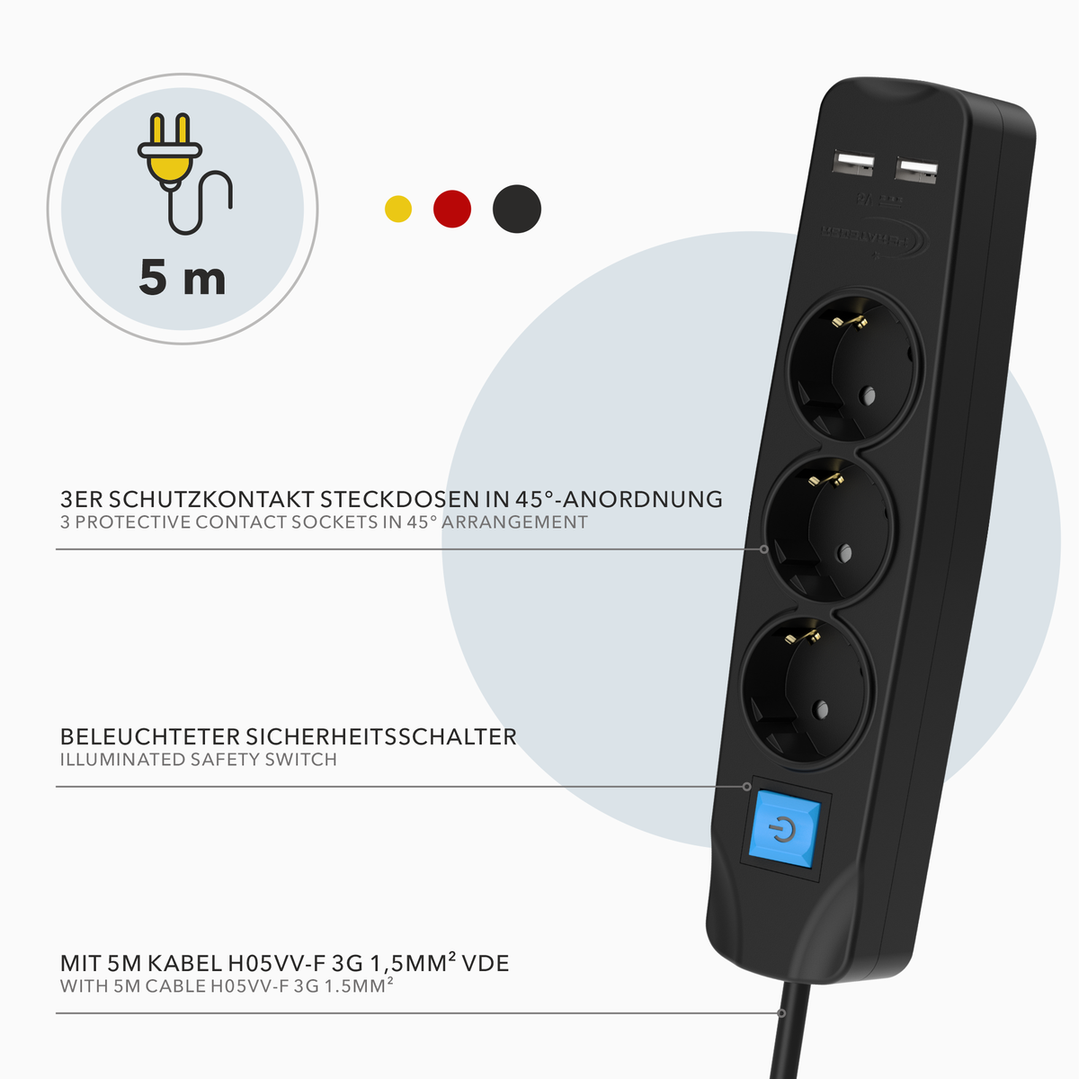 Multiprise RedStar24 3 prises avec USB – Cordon de 1,5m/3m/5m, Fiche plate 8mm, Noir – Bloc multiprise avec 2 ports USB & interrupteur