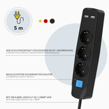 RedStar24 3-way power strip with USB – 1.5m/3m/5m extension cable, 8mm flat plug, black – multiple socket with 2 USB ports &amp; switch