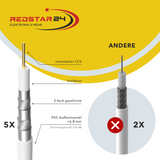 RedStar24 SAT coaxial cable 135 dB 5-way shielded – Digital satellite cable with 10x F-connectors – HDTV, 4K UHD, 3D – 10m to 100m