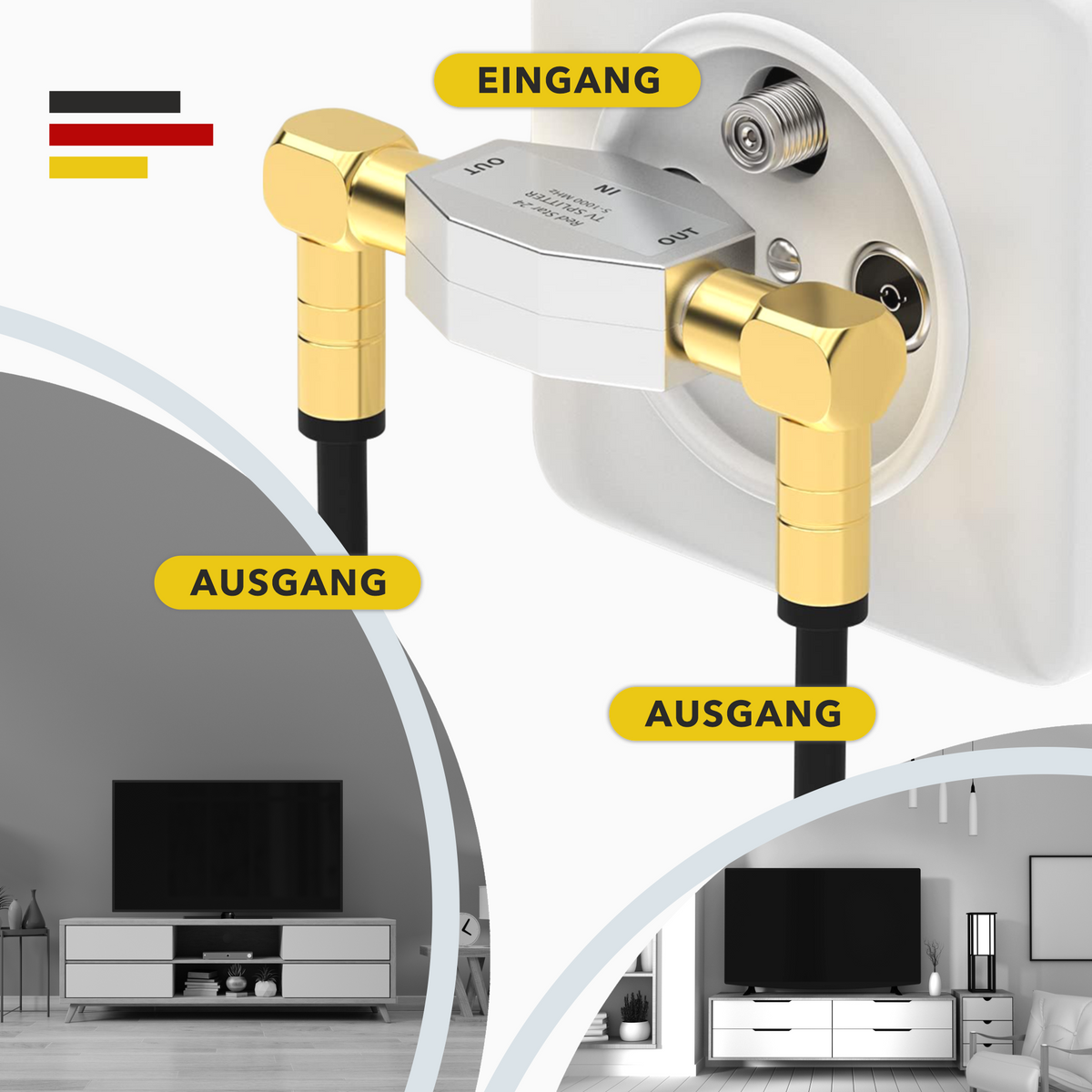 Répartiteur d'antenne RedStar24 2 voies – Répartiteur TV adaptateur en T – Fiche IEC vers 2x fiches IEC – DVB-T, télévision par câble, BK – Boîtier entièrement métallique