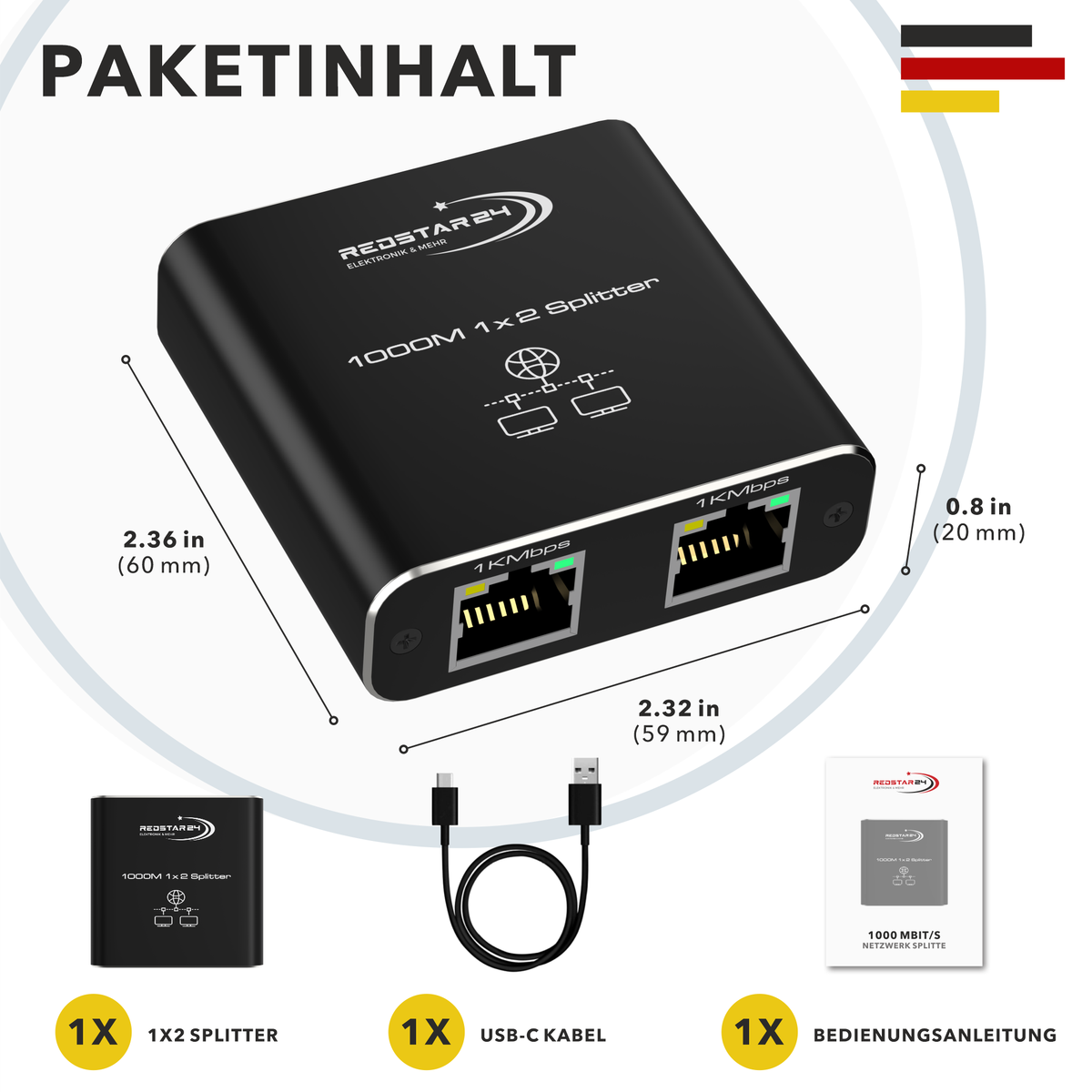 RedStar24 LAN Splitter 1 to 2 – Gigabit Ethernet Splitter 2-Port Network Distributor, Aluminum Housing, Plug &amp; Play