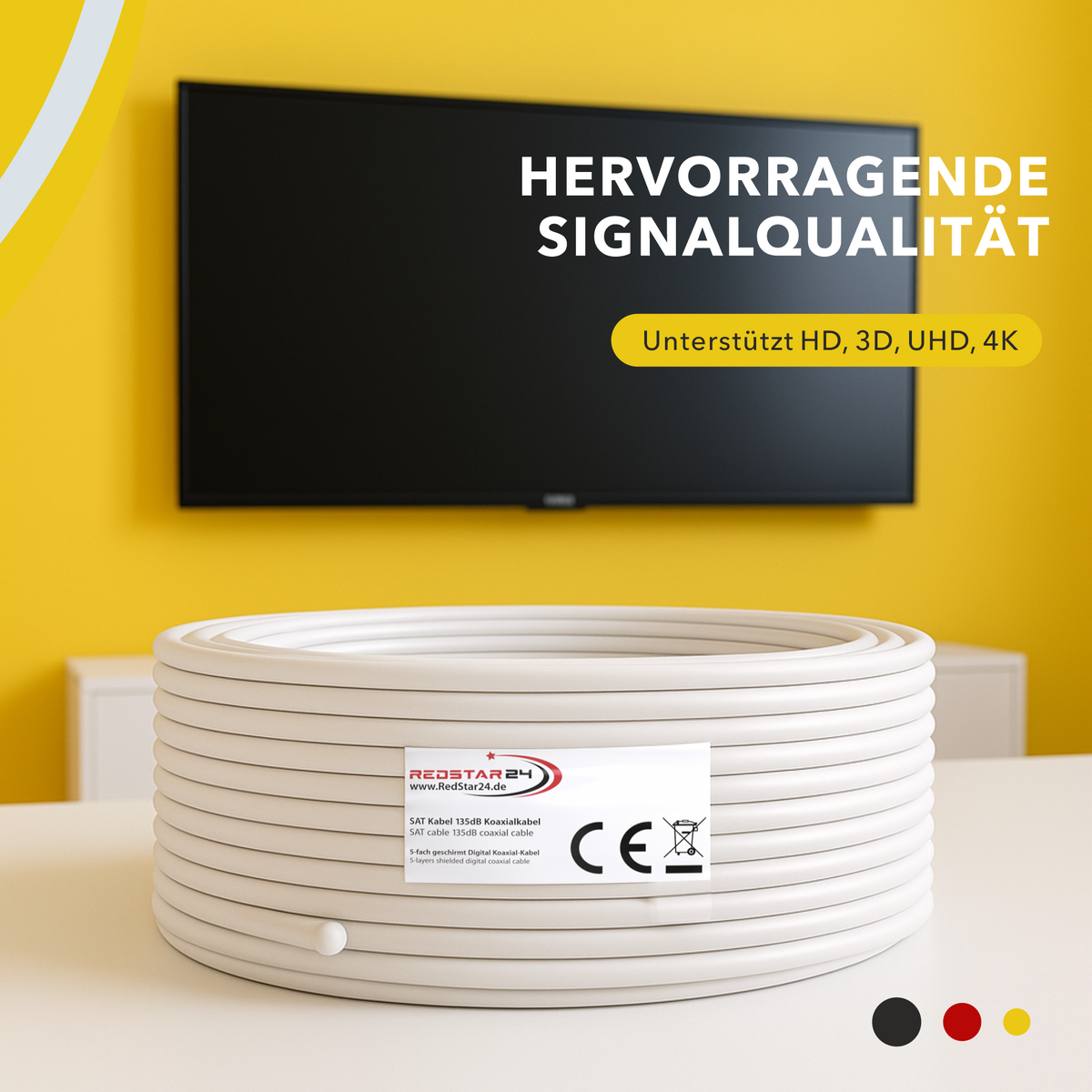 RedStar24 Câble coaxial satellite 135 dB 5 couches blindé – Câble satellite numérique avec 10 connecteurs F – HDTV, 4K UHD, 3D – 10m à 100m