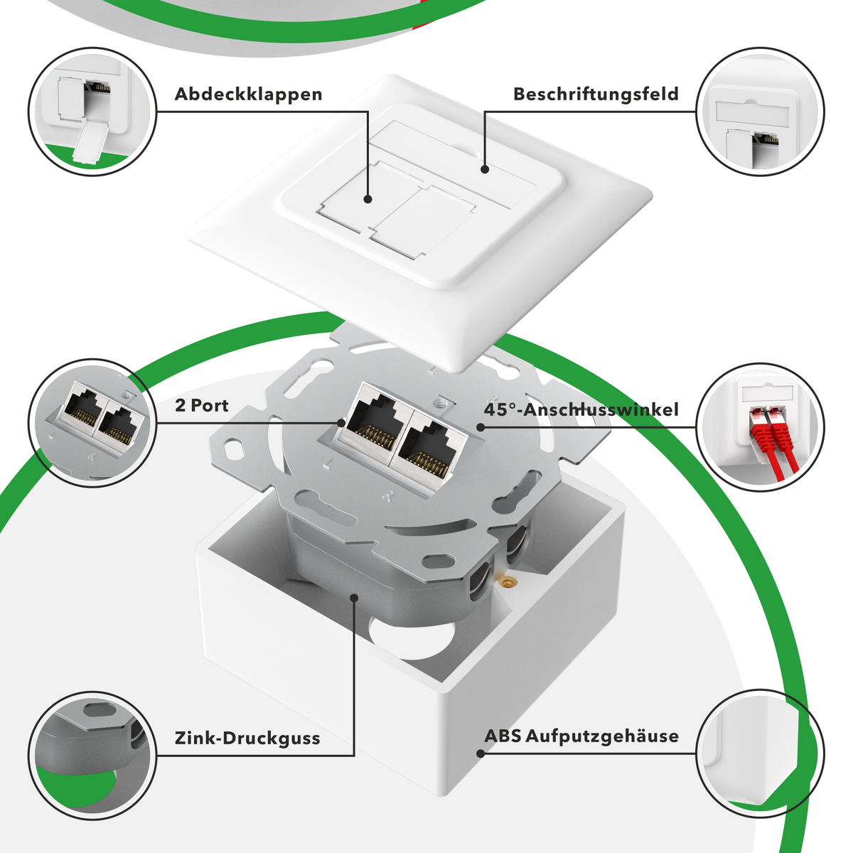 RedStar24 Cat6A network socket – 2x RJ45 ports, shielded – set of 1 / 2 / 4 – LAN socket for surface and flush mounting, 10 Gbit/s, PoE-capable