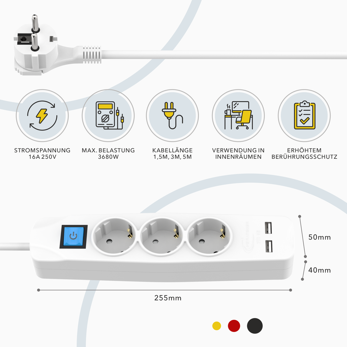RedStar24 3-way power strip with USB – 1.5m/3m/5m extension cable, 8mm flat plug, white – multiple socket with 2 USB ports &amp; switch