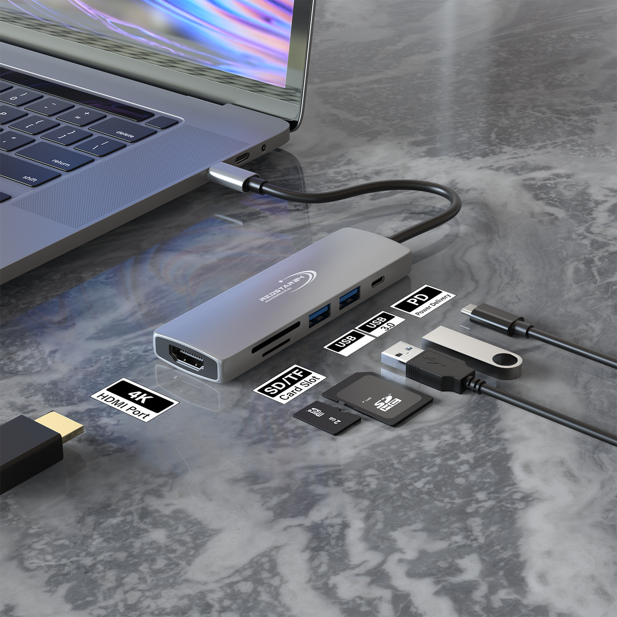 RedStar24 USB C Hub 6-in-1 Adapter – HDMI 4K, 2x USB 3.0, MicroSD/SD, PD 55W – Space Gray for MacBook, Laptop, Samsung, TV