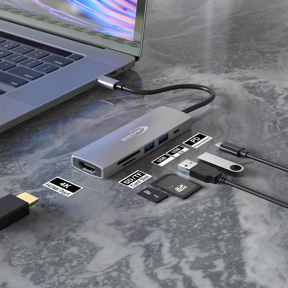 RedStar24 Hub USB C Adaptateur 6-en-1 – HDMI 4K, 2x USB 3.0, MicroSD/SD, PD 55W – Gris sidéral pour MacBook, Ordinateur Portable, Samsung, TV