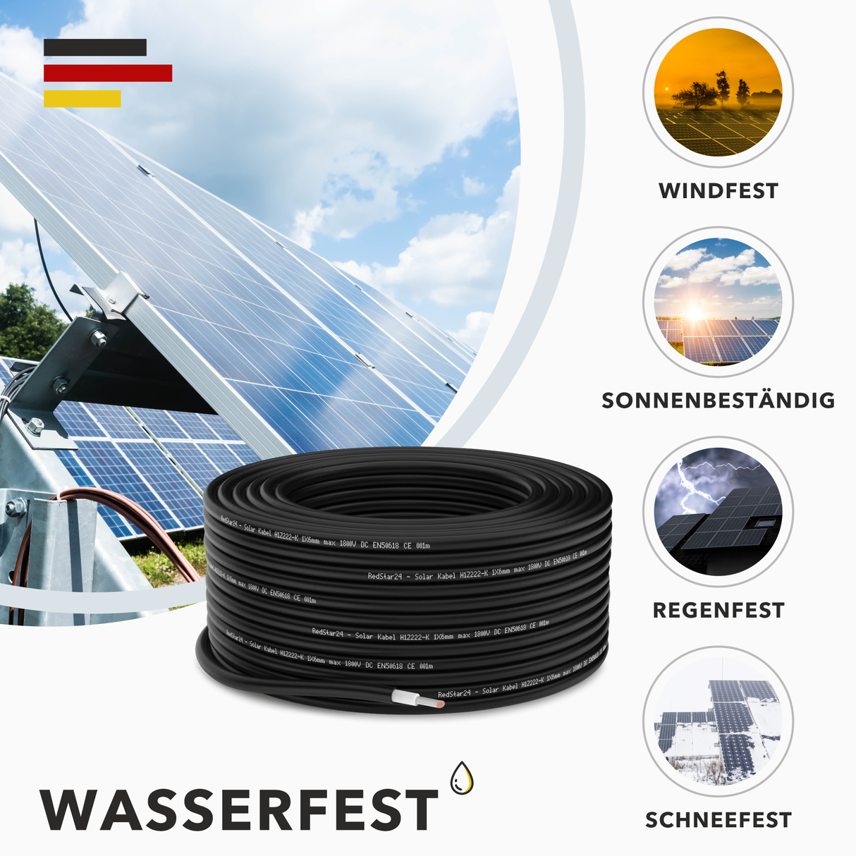 Solarkabel 6mm² TÜV geprüft Solarleitung PV Kabel für Photovoltaik Anlagen Kupfer 5m-100m