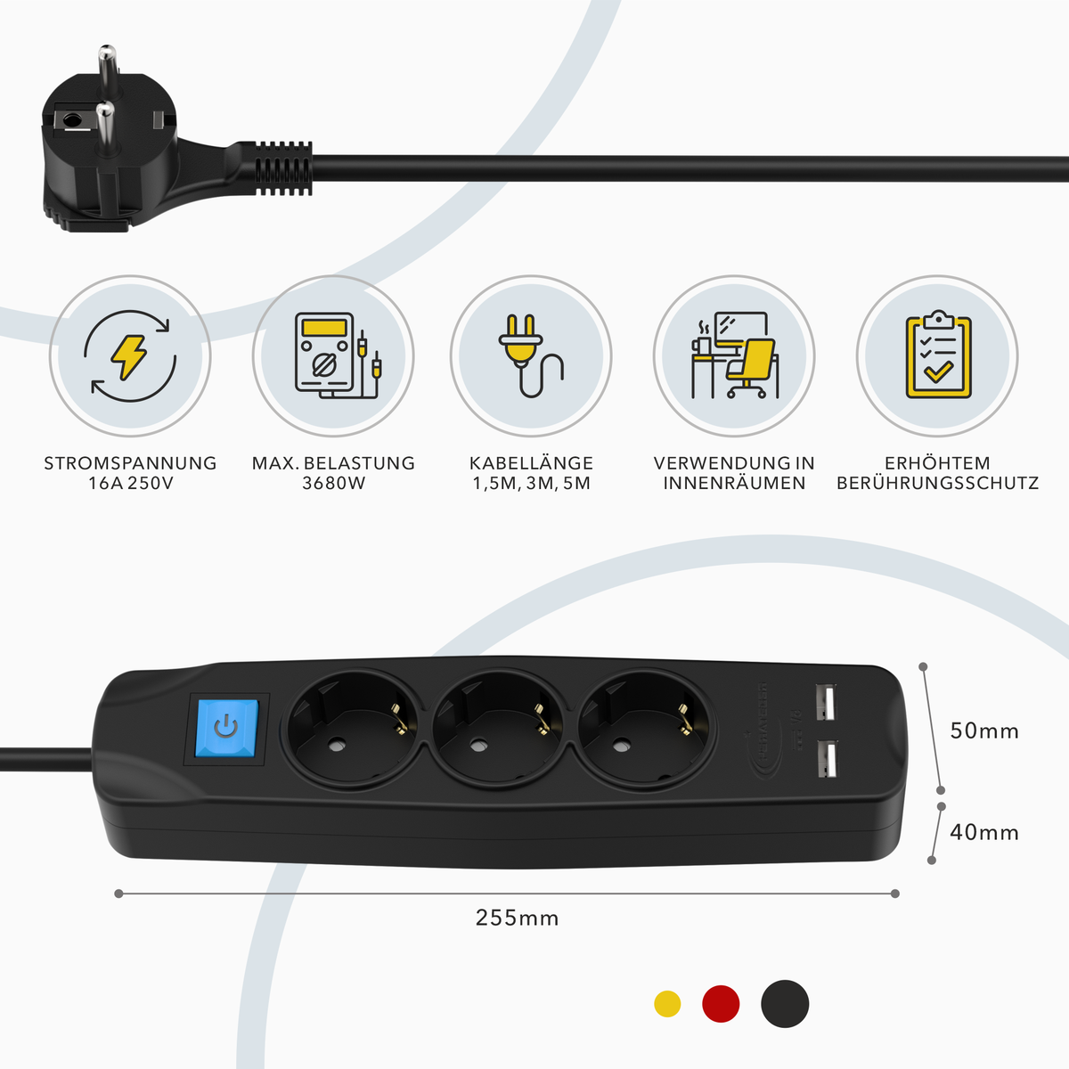 Multiprise RedStar24 3 prises avec USB – Cordon de 1,5m/3m/5m, Fiche plate 8mm, Noir – Bloc multiprise avec 2 ports USB & interrupteur