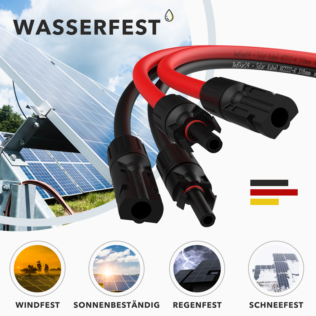 RedStar24 Solar Cable Extension 6mm² Set (Red + Black) – TÜV certified, UV-resistant, PV Cable IP68 for solar systems – 1m to 25m