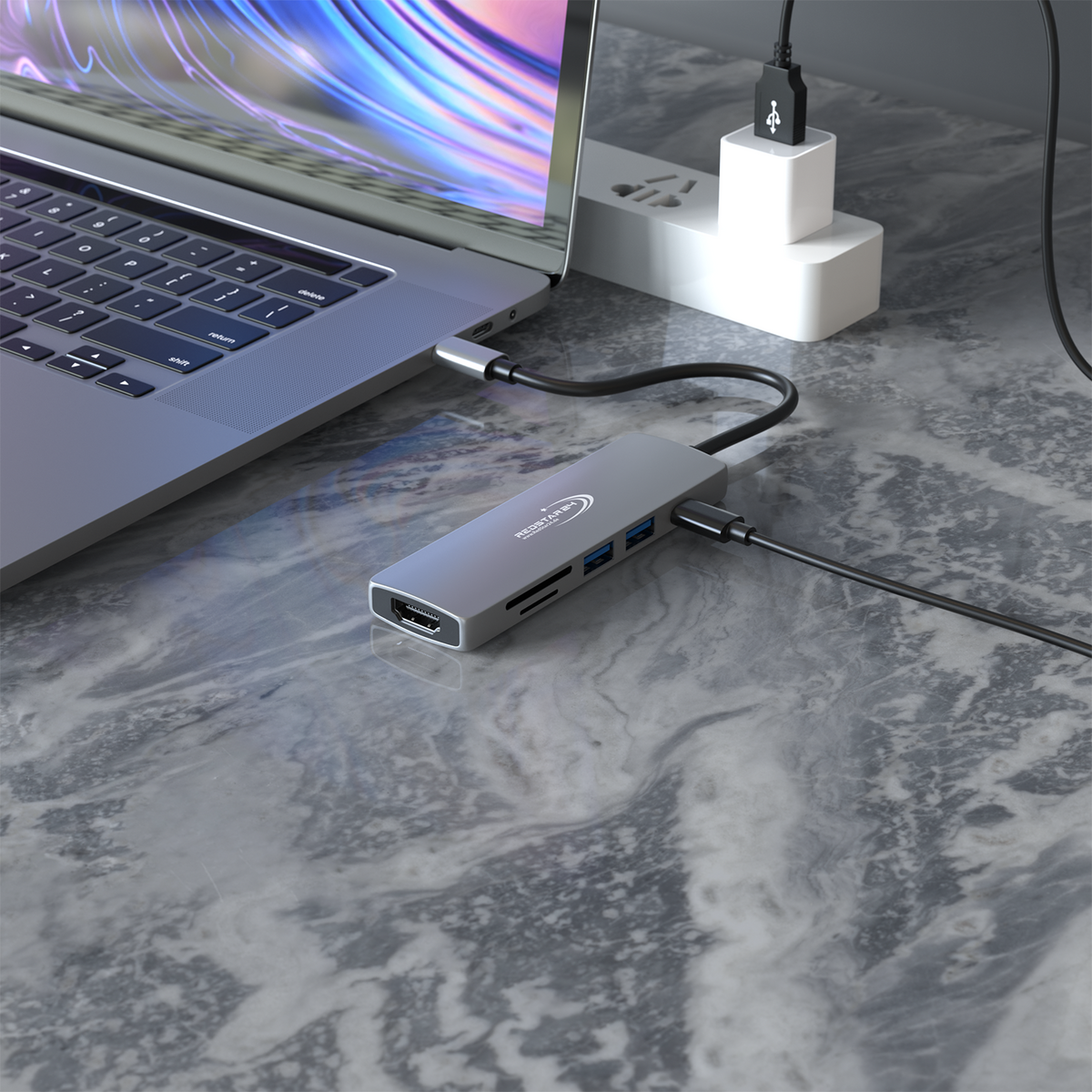 RedStar24 Hub USB C Adaptateur 6-en-1 – HDMI 4K, 2x USB 3.0, MicroSD/SD, PD 55W – Gris sidéral pour MacBook, Ordinateur Portable, Samsung, TV
