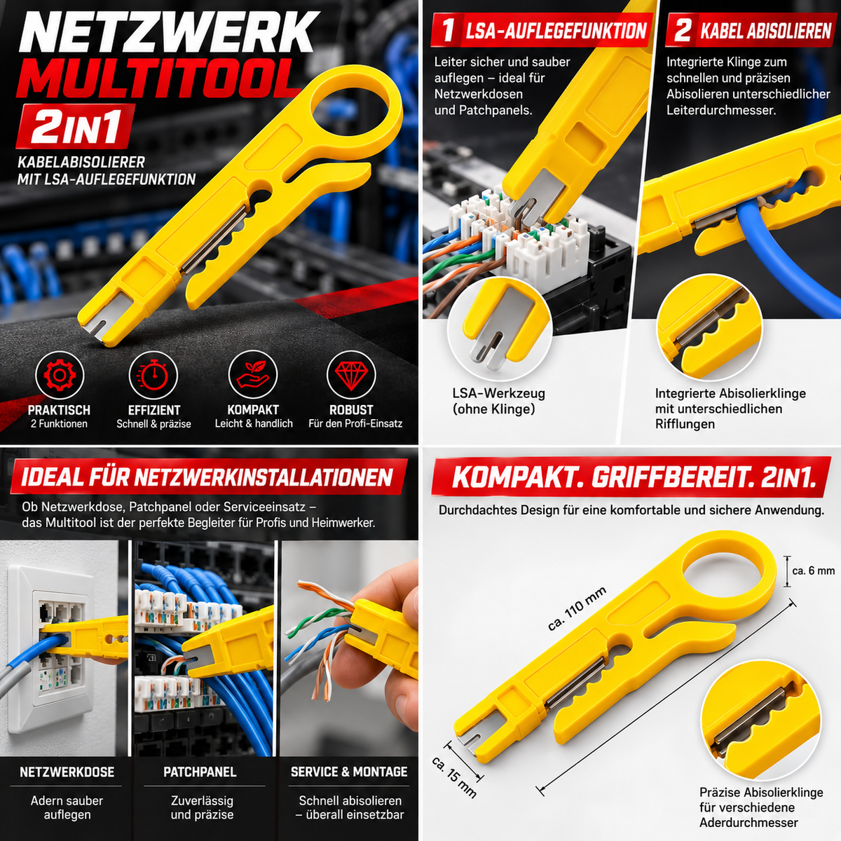 Netzwerk-Multitool 2in1 – Kabelabisolierer mit LSA-Auflegefunktion, orange