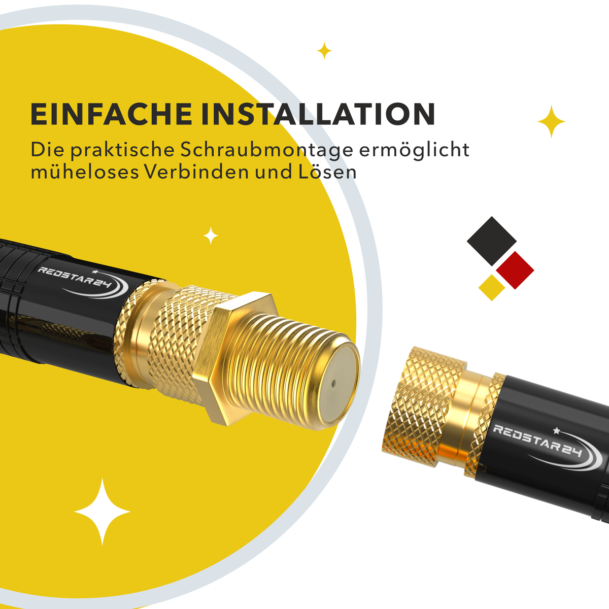RedStar24 F-connector gold-plated – F-coupling for satellite cables &amp; coaxial cables – fully shielded – set of 2, 10 or 100