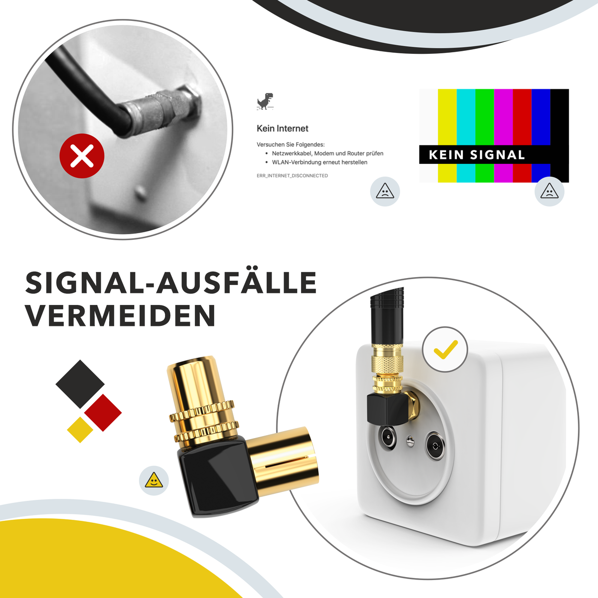 RedStar24 TV Adaptateur coaxial coudé 90° – Fiche IEC vers prise IEC – Plaqué or tout métal – Lot de 2/4/10