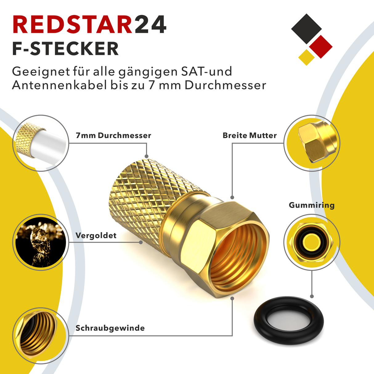 RedStar24 Fiche F 7 mm – Fiche de câble SAT plaquée or – Fiche d'antenne coaxiale pour TV et récepteur – Lot de 10 et 20
