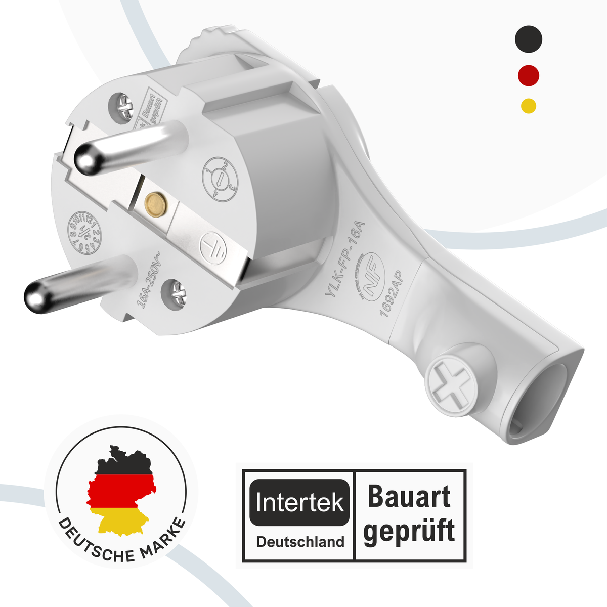 RedStar24 Fiche coudée Schuko extra plate 8 mm – Fiche Schuko CEE 7/7 avec poignée rabattable – Blanc/Noir – Lot de 1 à 10