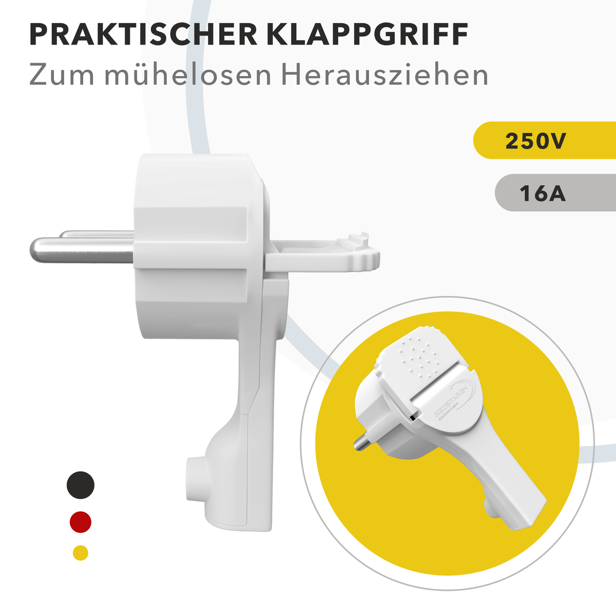RedStar24 Fiche coudée Schuko extra plate 8 mm – Fiche Schuko CEE 7/7 avec poignée rabattable – Blanc/Noir – Lot de 1 à 10