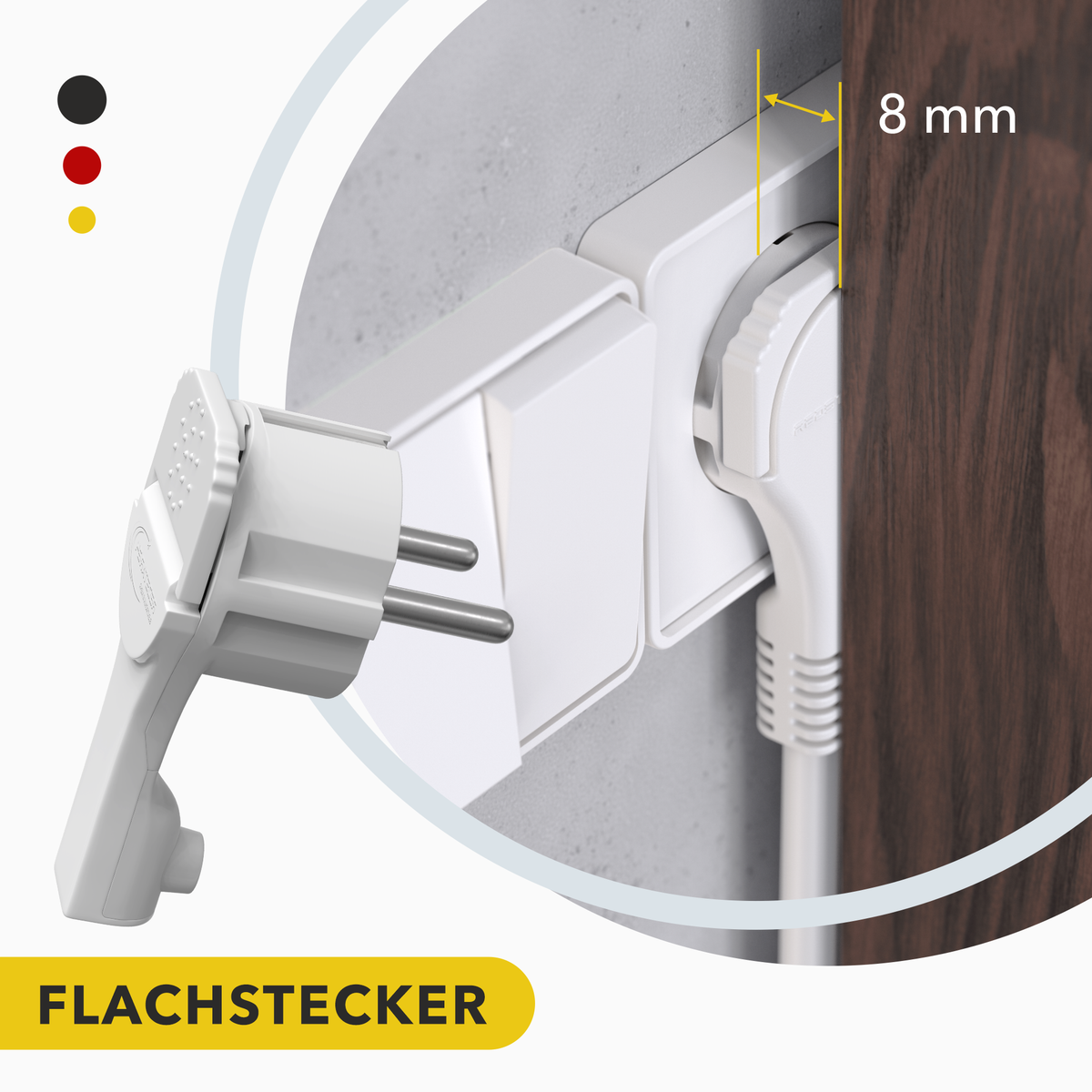 RedStar24 Fiche coudée Schuko extra plate 8 mm – Fiche Schuko CEE 7/7 avec poignée rabattable – Blanc/Noir – Lot de 1 à 10