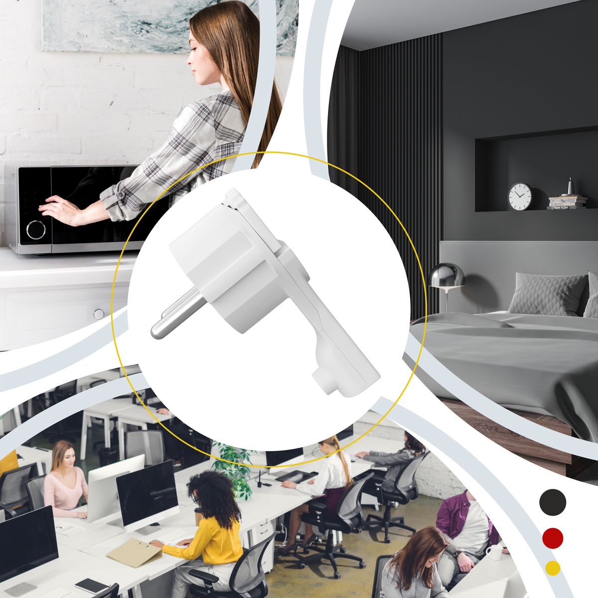 RedStar24 Fiche coudée Schuko extra plate 8 mm – Fiche Schuko CEE 7/7 avec poignée rabattable – Blanc/Noir – Lot de 1 à 10