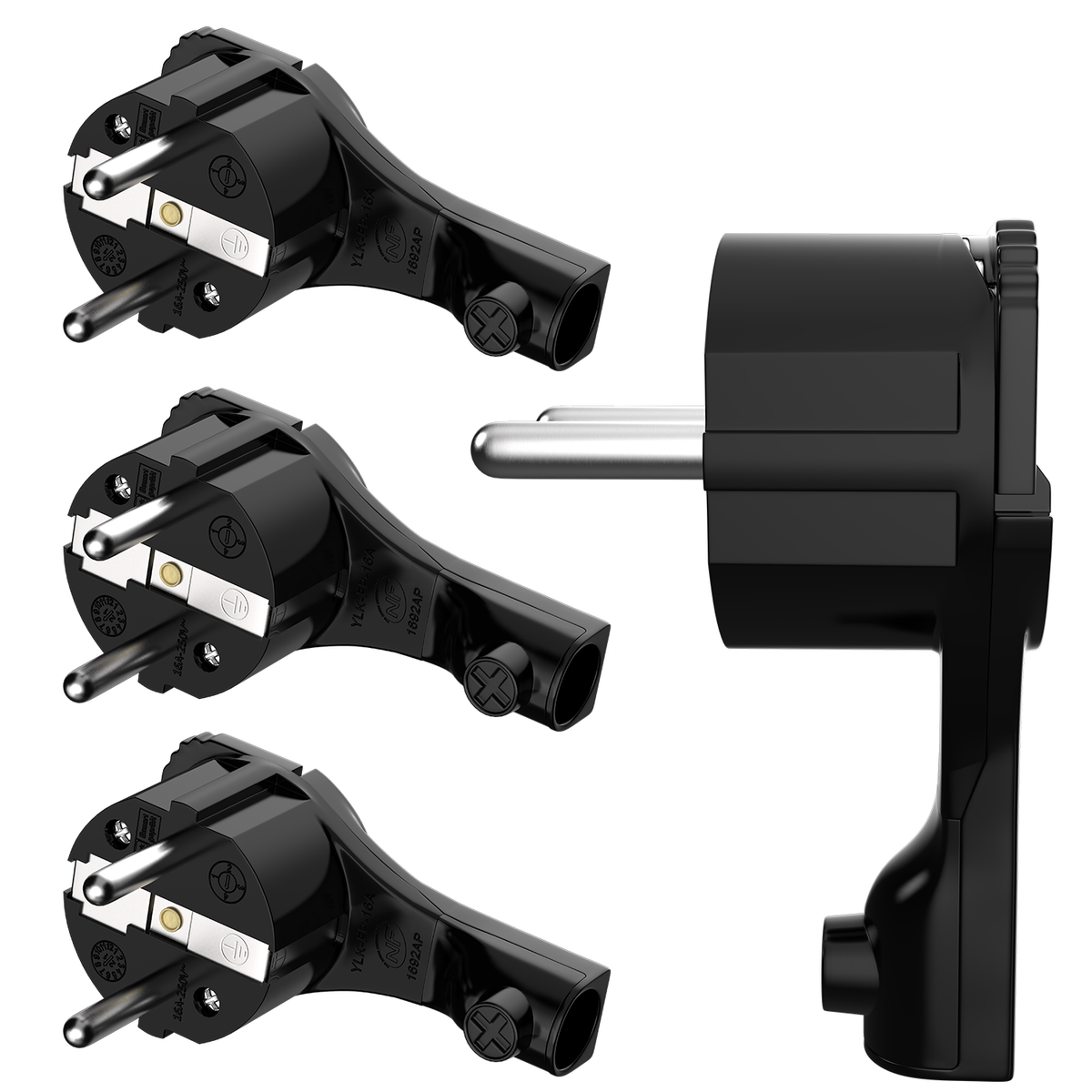 RedStar24 protective contact angle plug extra flat 8 mm – Schuko plug CEE 7/7 with folding handle – Black – Set of 1 to 10