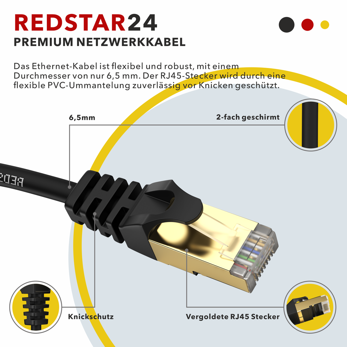 RedStar24 CAT 7 Patch Cable – Gigabit LAN Ethernet Cable RJ45 (0.25m–20m, Black/White, 10 Gbit/s, 600 MH