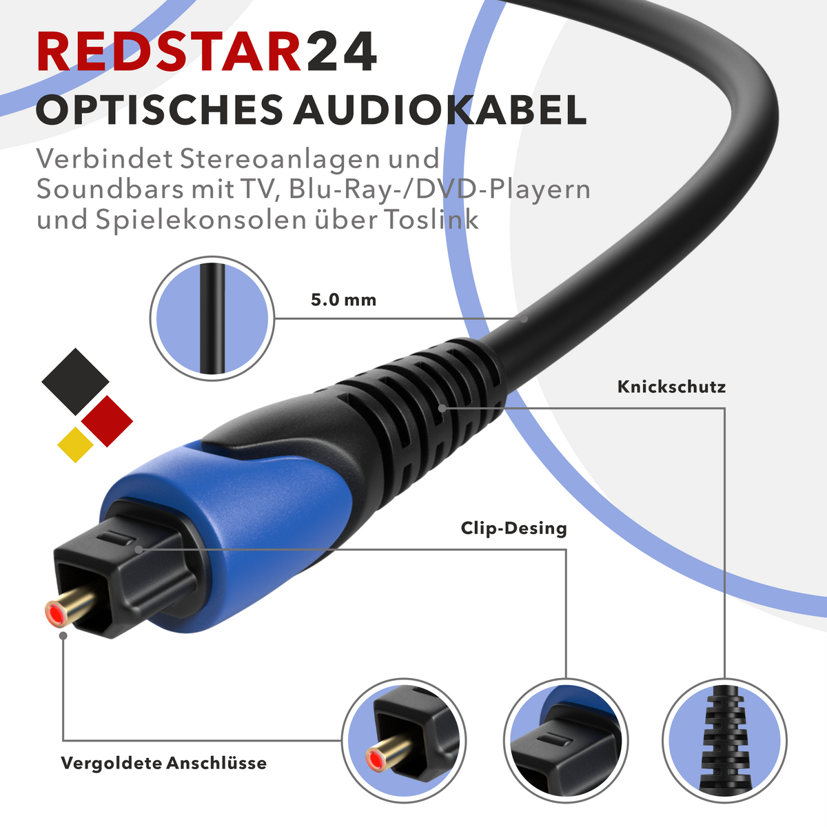 RedStar24 Toslink audio cable – Optical digital audio cable (SPDIF, LWL) 1m–5m flexible, gold-plated contacts
