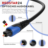 Câble audio Toslink RedStar24 – Câble audio numérique optique (SPDIF, fibre optique) 1m–5m souple, contacts plaqués or