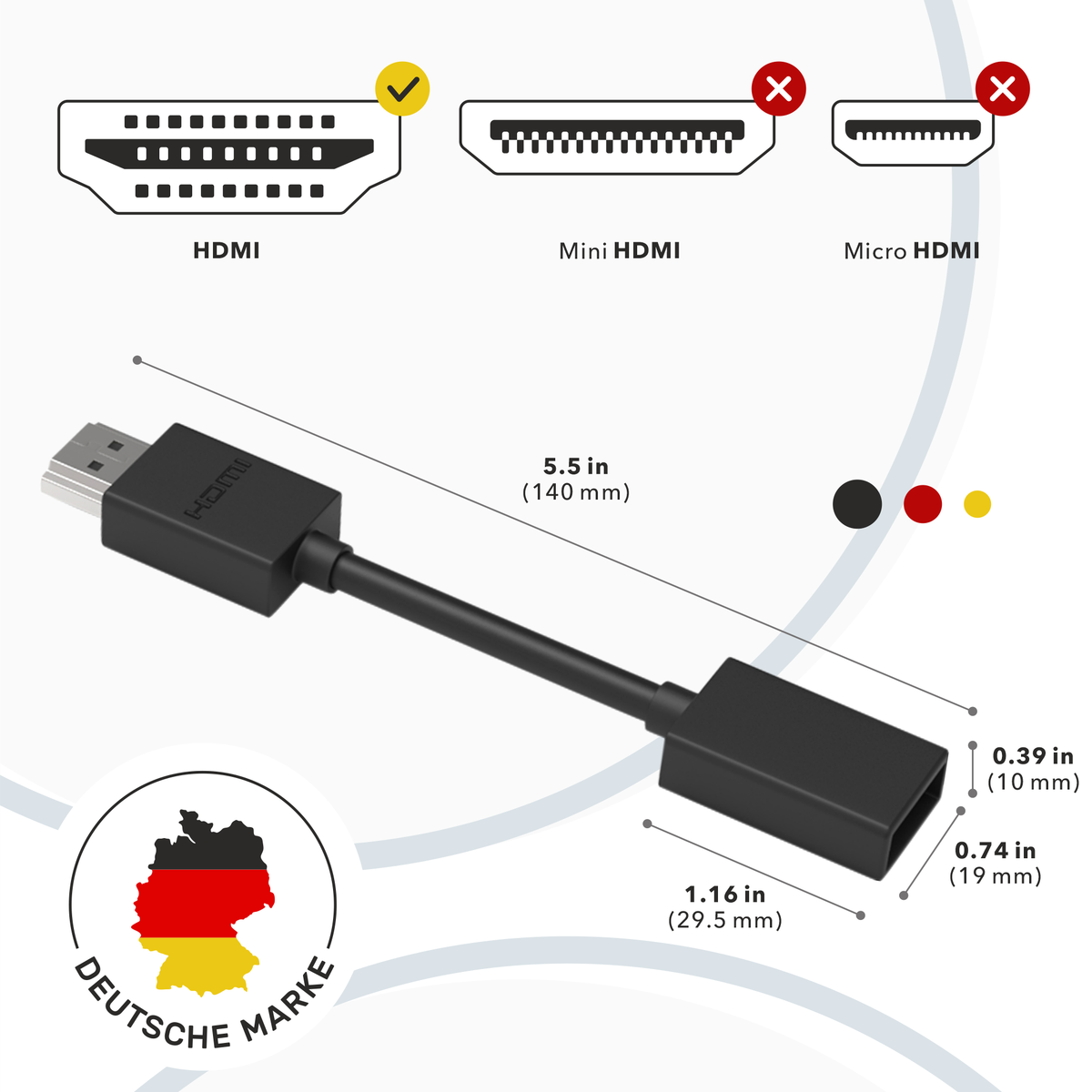 RedStar24 rallonge HDMI 12 cm – adaptateur de câble Fire TV Stick | rallonge HDMI pour Chromecast, Roku, Xbox, PS4/PS5, TV & moniteur – lot de 2