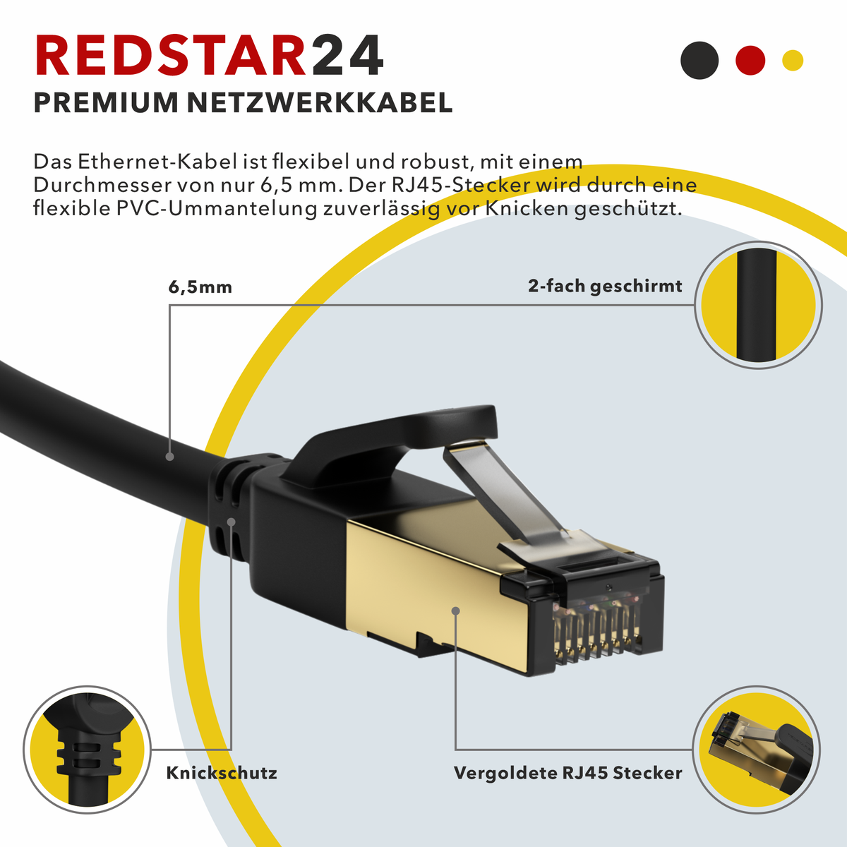 Câble patch RedStar24 CAT 8 – Câble Ethernet LAN S/FTP RJ45 (0,25m–20m, noir/blanc, 40 Gbit/s, 2000 MHz)