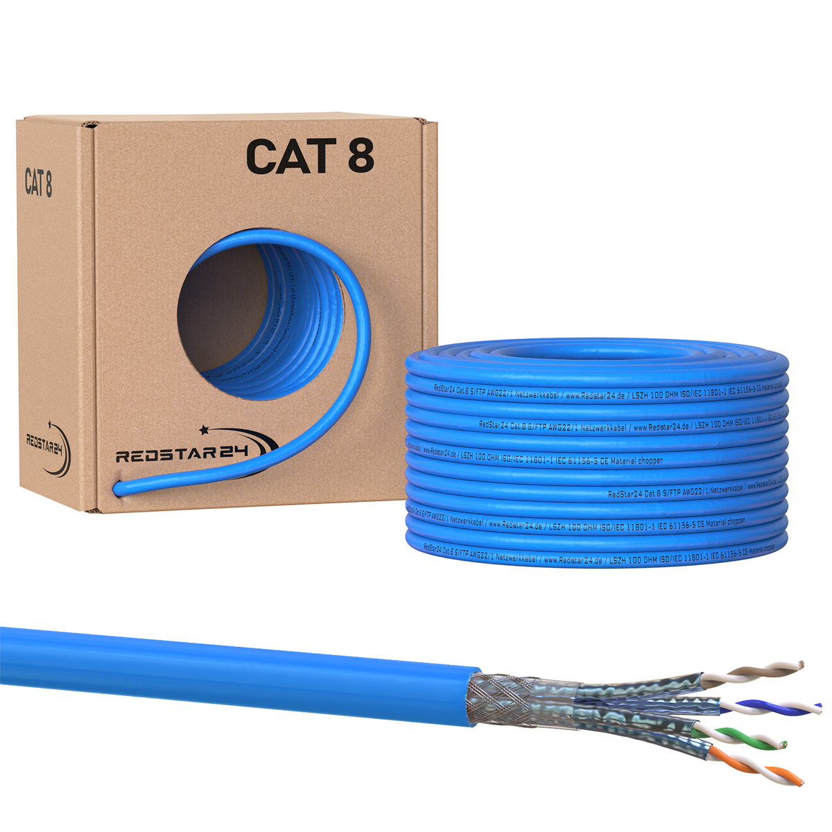RedStar24 Câble réseau CAT 8 Câble d'installation S/FTP PiMF – 2000 MHz, 40 Gbit/s (10m–100m)