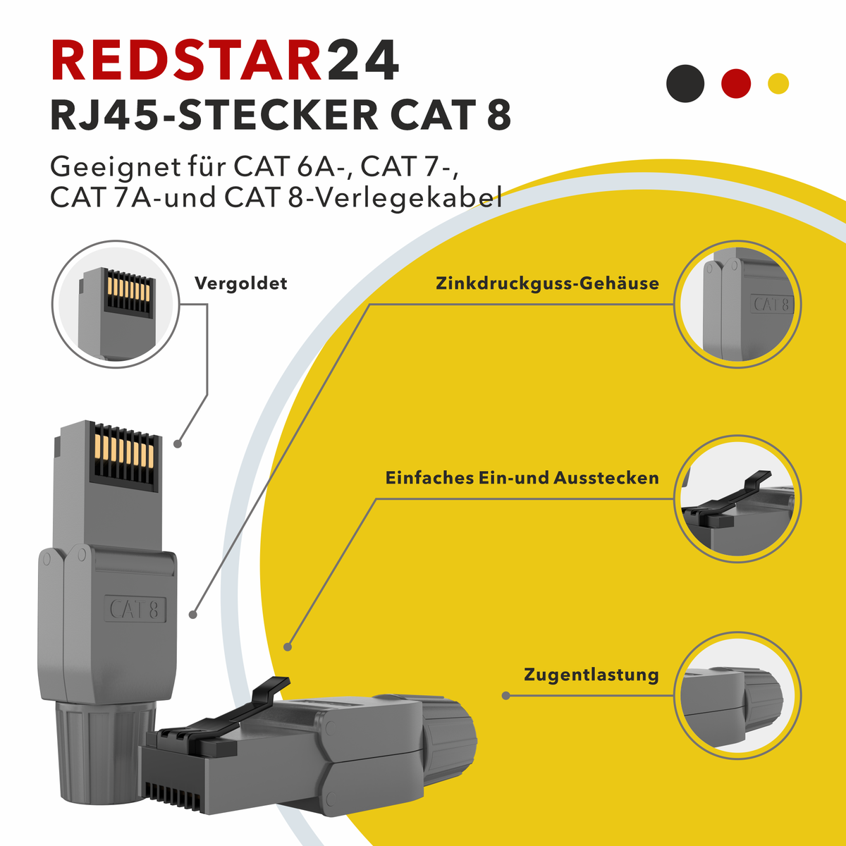 RJ45 connector tool-free Cat.8 – set of 2 &amp; 4 LAN network connectors shielded for Cat 6/6A/7/7A/8 installation cable – 40 Gbit/s