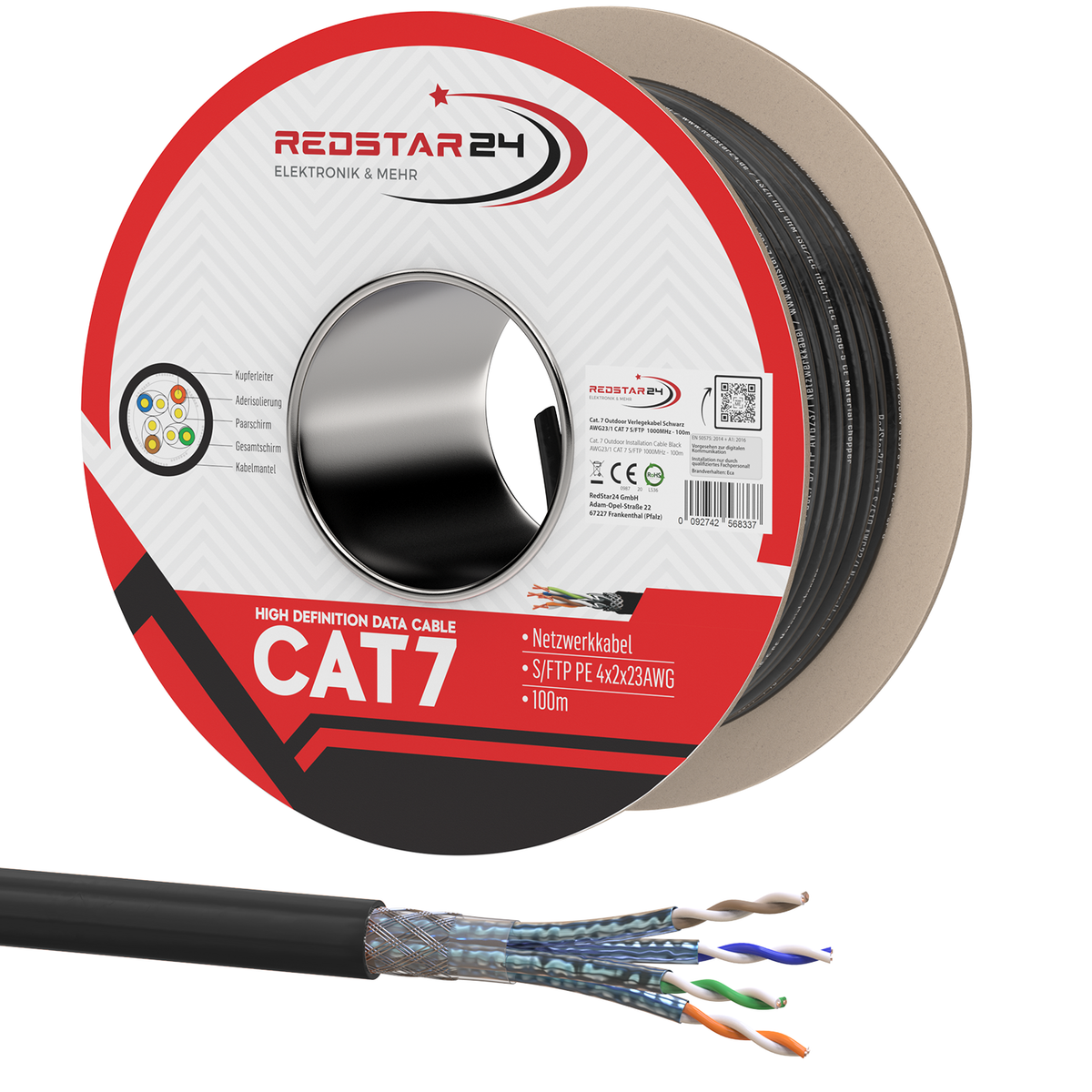 Câble Cat7 S/FTP blindé extérieur – Câble d'installation LAN résistant aux UV 10 Gbit/s | RedStar24