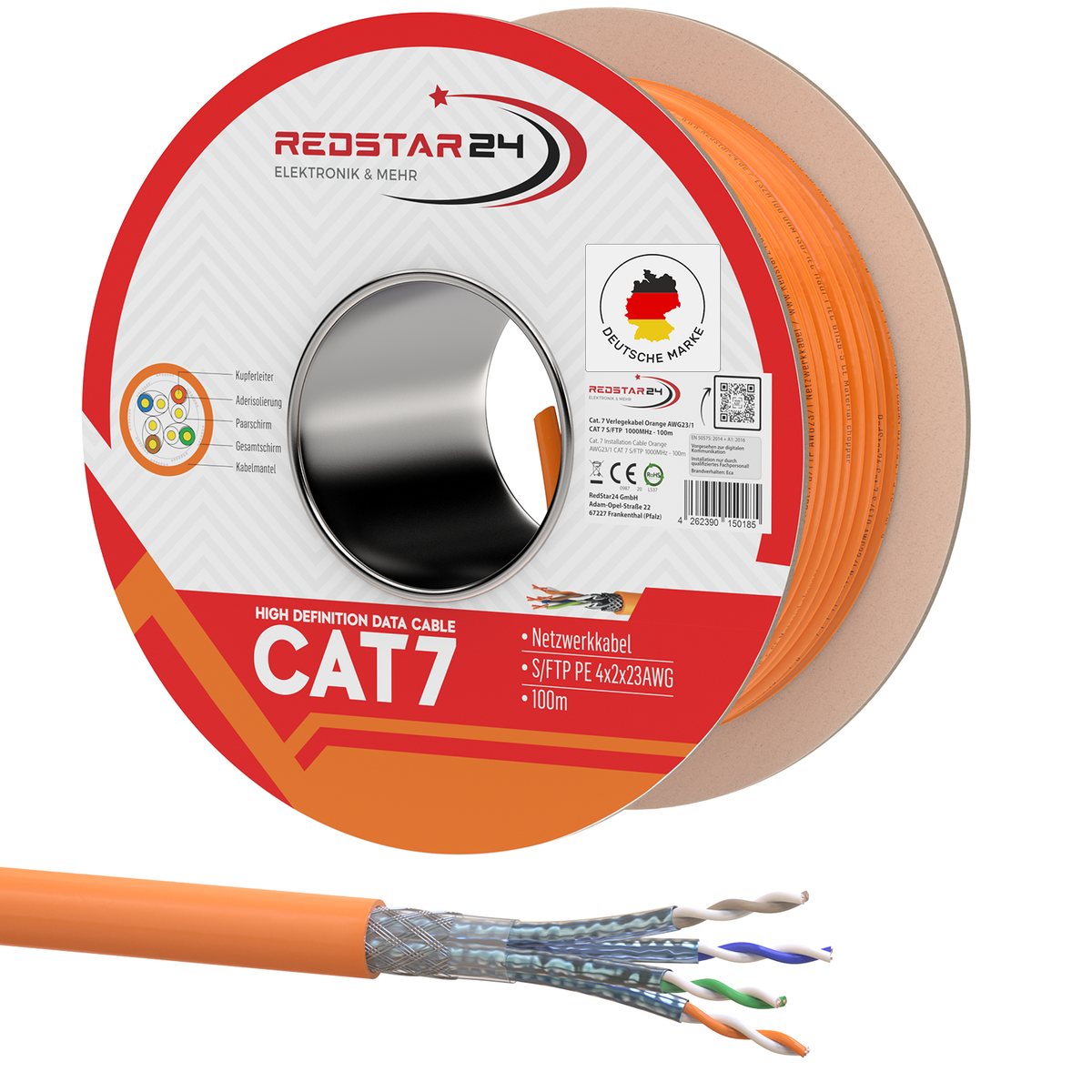 Câble d'installation Cat7 S/FTP 1000 MHz – LSZH Eca, AWG23, PiMF, Orange | RedStar24