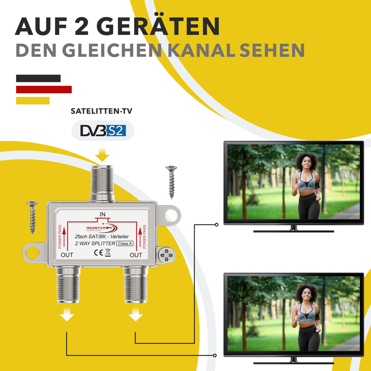 RedStar24 2-way satellite distributor – F-coupling splitter 120 dB – Digital TV, UHD 4K, DVB-S/S2, DVB-T2, DVB-C – Fully shielded metal housing