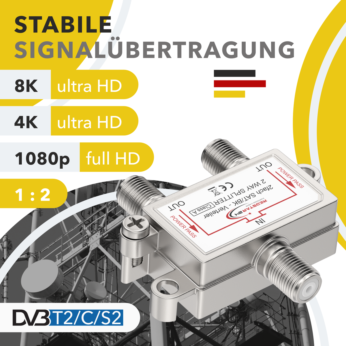 RedStar24 2-way satellite distributor – F-coupling splitter 120 dB – Digital TV, UHD 4K, DVB-S/S2, DVB-T2, DVB-C – Fully shielded metal housing