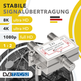 RedStar24 Répartiteur SAT 2 voies – F-Coupleur Splitter 120 dB – TV numérique, UHD 4K, DVB-S/S2, DVB-T2, DVB-C – Boîtier métallique entièrement blindé