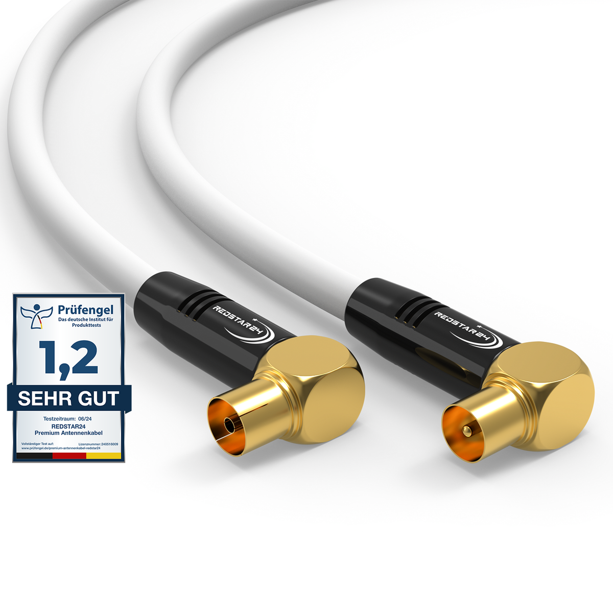 RedStar24 Câble d'antenne 135 dB Coaxial Mâle-Femelle (double coudé 90°) – HDTV, DVB-T2, Radio, DAB, 4K UHD, plaqué or – Noir/Blanc – 1m à 30m
